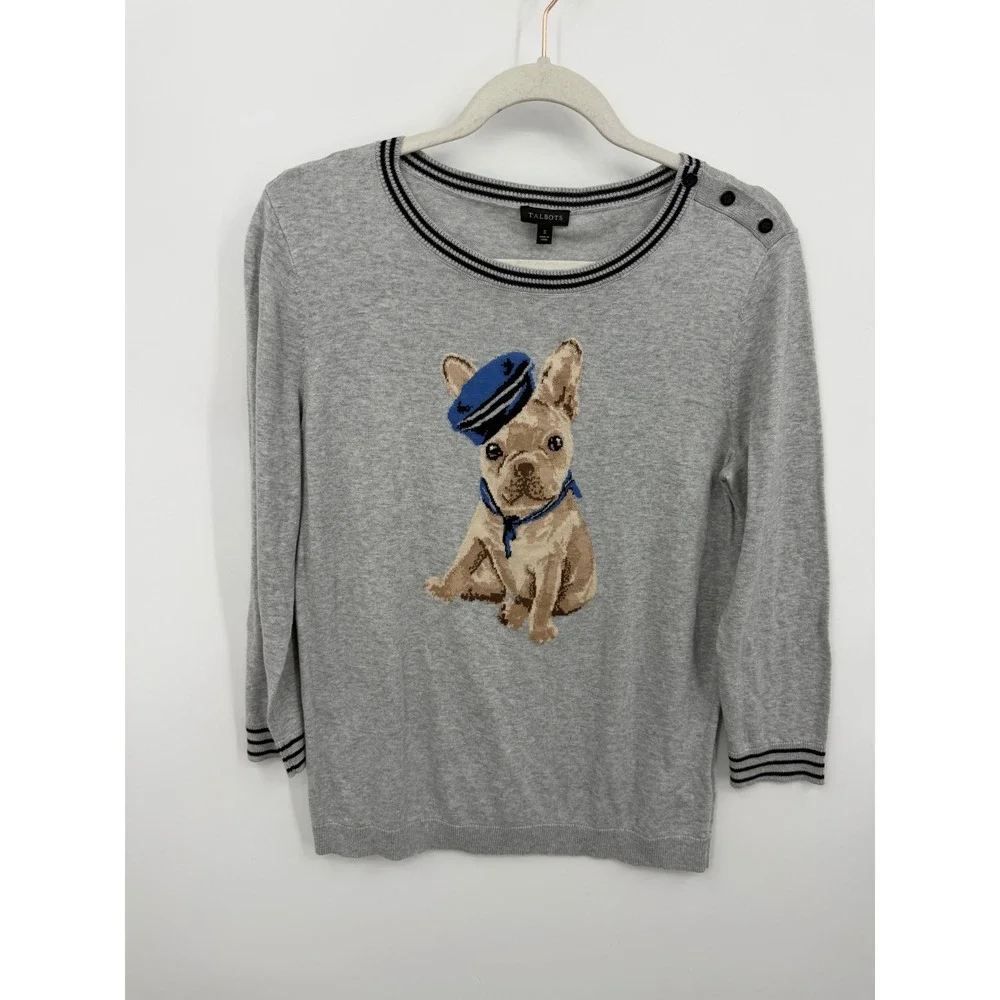 Talbots French Bulldog‎ Sailor Sweater Womens Small Gray Nautical Intarsia Knit